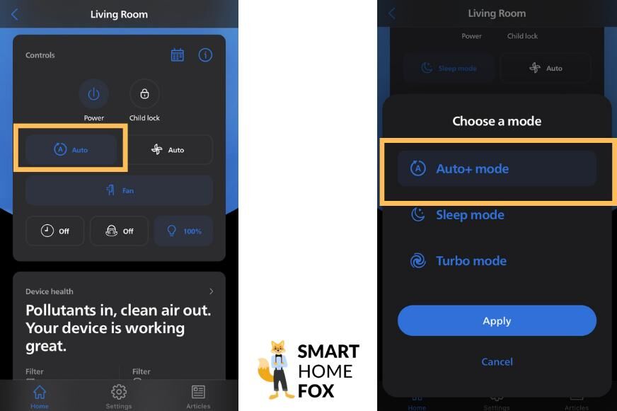 Der Auto+ Modus vom Philips Air Performer 8000 wird in der Philips Air+ App ausgewählt und eingeschaltet.